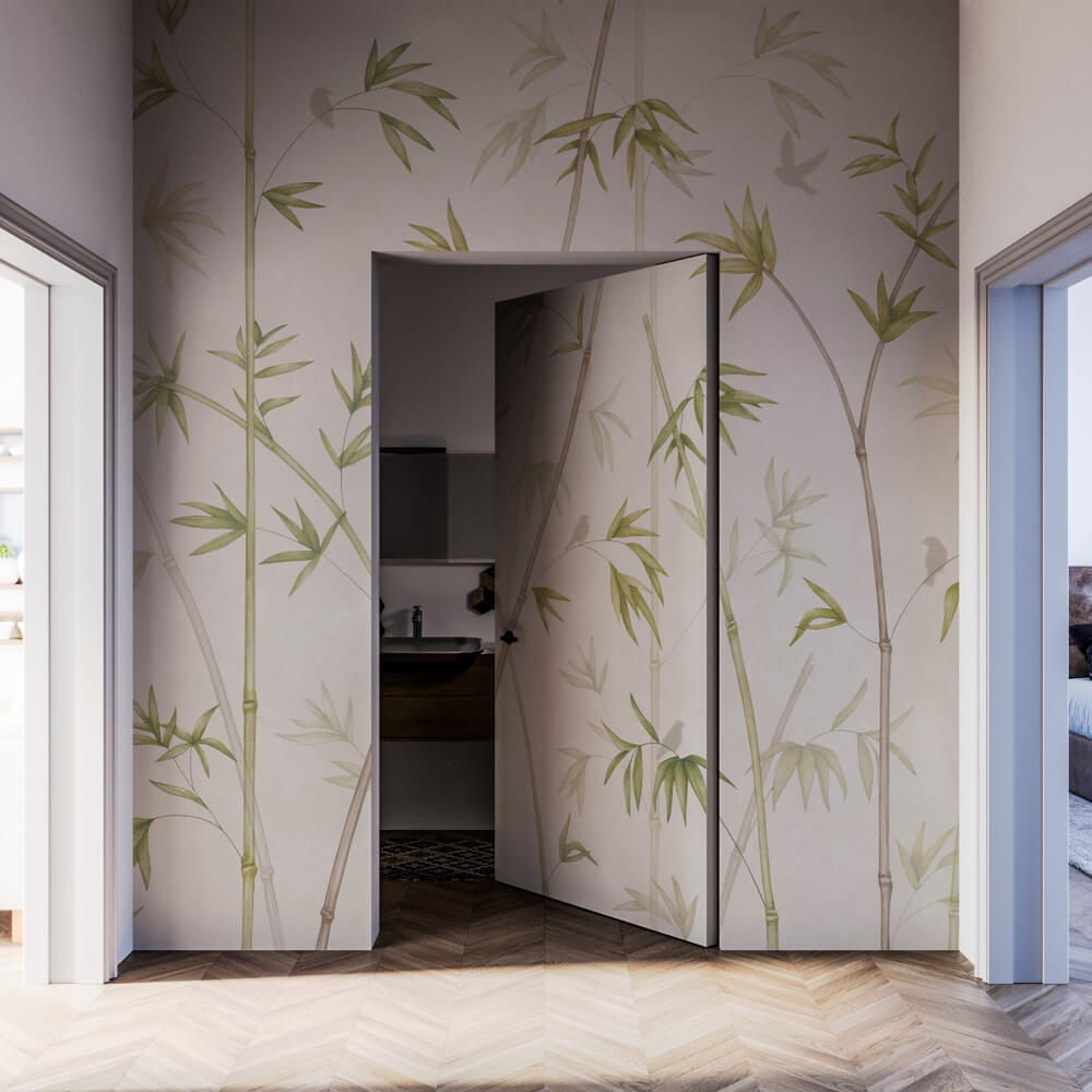 apertura porta filomuro con carta da parati suzume natural